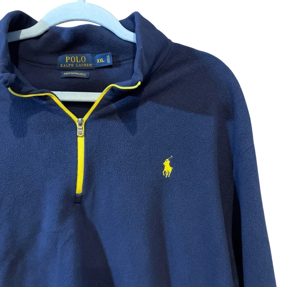 Polo Ralph Lauren Performance Mens XXL Navy Blue‎ Yellow 1/4 Zip Fleece Pullover